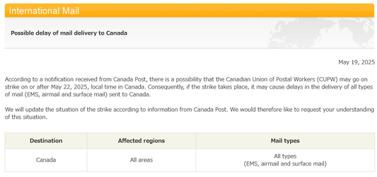 Possible delay of mail delivery to Canada after May 22, 2025